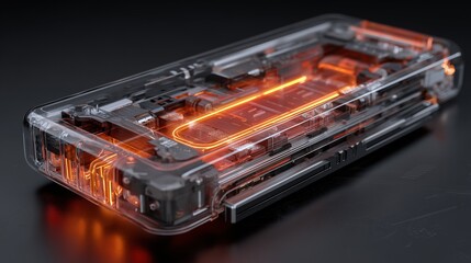 Obraz premium 3D render of a sleek modern device powered by a sodium-ion battery, transparent sections showing glowing energy flow, cinematic perspective