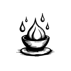 Abstract monochrome artwork depicting a central form nestled within a dish under floating droplets