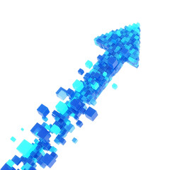 Fototapeta premium Dynamic abstract blue arrow created from glowing digital cubes ascending upward in a futuristic concept isolated on transparent background