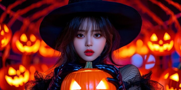 Attractive beautiful Asian woman dressed as a witch. Alluring gorgeous oriental female costumed sorceress halloween fantasy enchantress bewitching attractive pretty