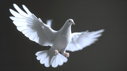 Fototapeta premium A white dove in mid flight with wings spread against a dark background in a studio setting