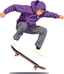 Obraz premium Skateboarder performing trick in purple hoodie and grey pants urban sport activity action vector illustration 