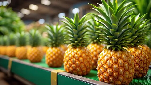 Ripe pineapple fruit with green leaves arranged row conveyor belt bright indoor market showcasing fresh tropical produce vibrant colors natural texture fresh tropical pineapple fruit green leaves