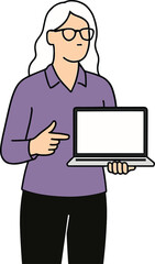 Cartoon illustration of woman wearing glasses holding laptop with blank screen, pointing hand gesture, technology concept, online presentation, digital education.
