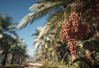 Palm trees laden with dates under a clear sky