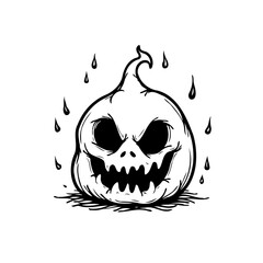 Creepy cartoonish pumpkin visage surrounded with falling liquid drops creates a strange and spooky