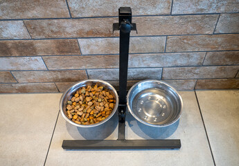 Stainless steel bowls for dog food and water, placed on an adjustable height stand, promoting better digestion and posture