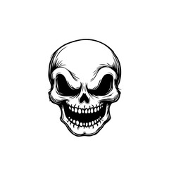 Creepy stylized skull illustration in black and white suitable for halloween designs and horror
