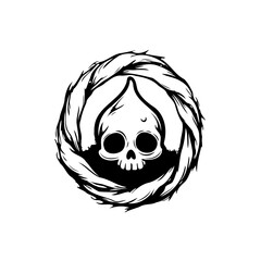Darkly whimsical skull encircled by stylized feathers a symbolic representation of mortality and