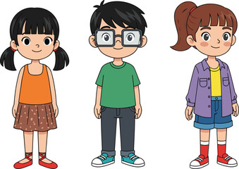 Cartoon children standing together in stylish outfits, diverse hairstyles and poses, character design vector for education, fashion, and storytelling use