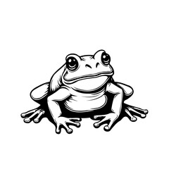 Detailed monochrome vector art featuring a thoughtful frog with glossy eyes and textured skin