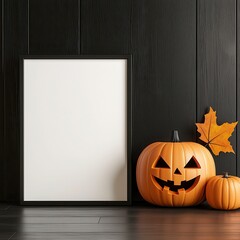 blank board with halloween pumpkins decor. Festive autumn scene pair of empty chalkboard gourd ornament spooky holiday october celebration seasonal decoration fall.