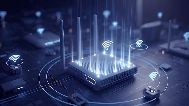 Wireless router technology AI generated video futuristic smart home devices digital innovation. Modern cybersecurity router animation AI generated video data transfer seamless network.