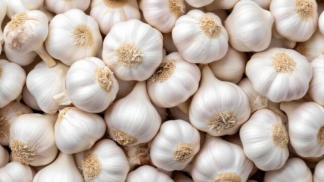Overhead fresh abundance of garlic bulbs piled close natural light creating rustic culinary texture and subtle warm tones &mdash; white garlic bulb produce