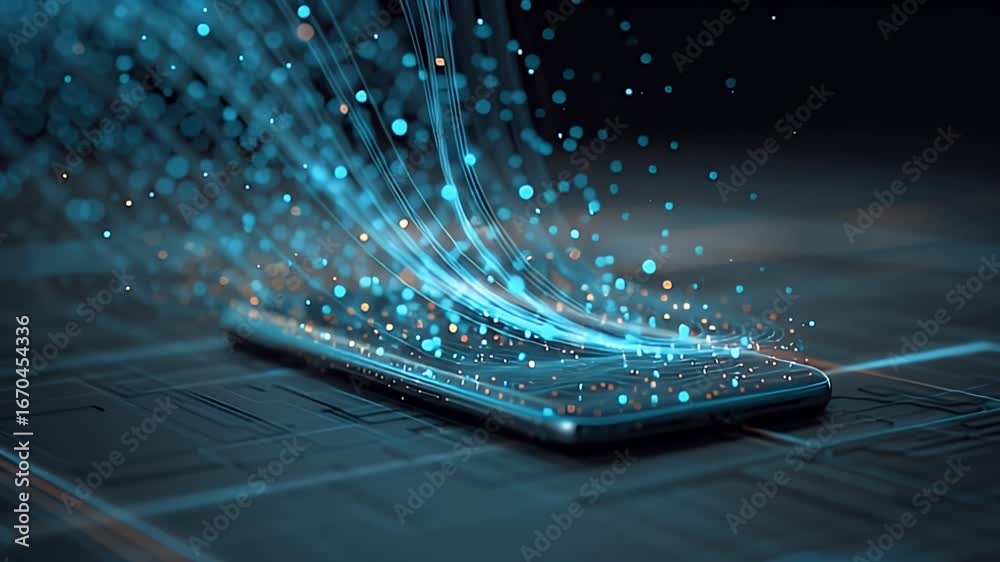 Wall mural digital network connection mobile phone ai generated video glow particles light trails. stunning abs