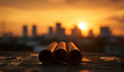 Sunset cityscape with metal pipes