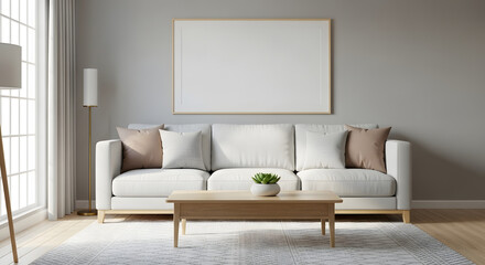 Modern living room with a white sofa, wooden coffee table, and blank picture frame on a gray wall