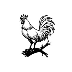 Elegant monochrome rendering of a proud rooster perched upon a sturdy branch artwork in striking
