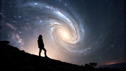 Fototapeta premium captivating image shows a lone figure, seen from behind, walking towards a magnificent, swirling cosmic portal. The portal emanates vibrant blues, oranges, and reds, resembling a nebula or a wormhole,