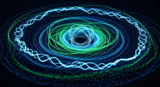 Abstract swirling blue and green light trails in a circular pattern