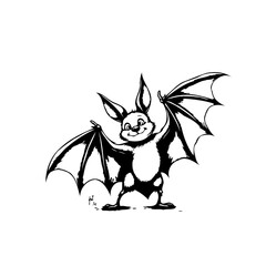Friendly cartoon bat illustration in black and white spreading wings ready to fly around during
