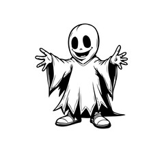 Obraz premium Friendly cartoon ghost character waving arms out smiling big black and white vector illustration