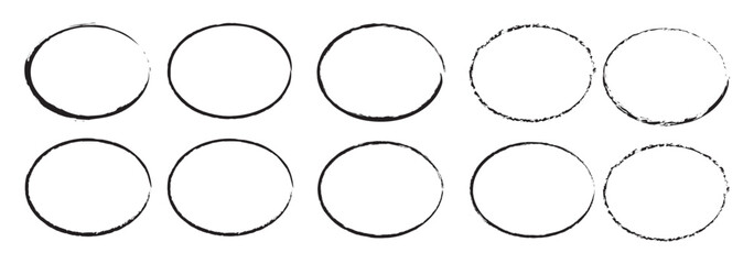 Set of round grunge circles shapes on a white background. Grunge round shapes. Grunge banner and paint brush stamps, paint brush stock set, outline circle paint brush