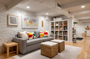 Cozy basement playroom features white brick walls, oganized toy storage cubes,wooden flooring, gray sofawith colorful pillows. Recssed lighting illuminates hild-friendly space, offerng tidy,