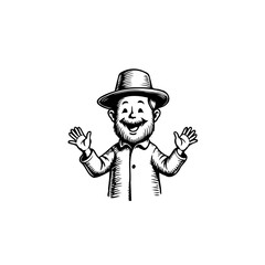 Happy character illustration with hat and beard featuring outstretched hands showcasing cheerful