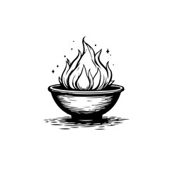 Illustrative depiction of flickering flames rising from a bowl like vessel rendered in monochrome