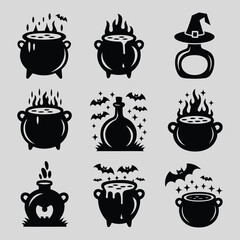 Witch Cauldron Icon Set Vector – Magic Potion Halloween Silhouette Collection