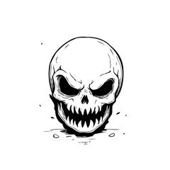 Intense skeletal head in stark black and white graphic art expressing mortality symbolism death