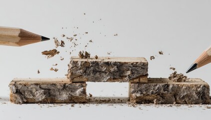 Two pencils striking wooden blocks, creating a burst of wood particles