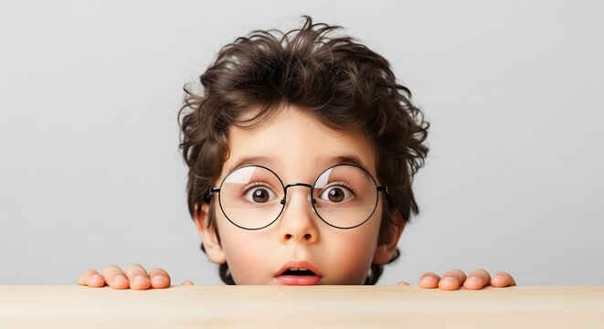 A young boy with curly hair and round glasses peers over a wooden surface with a surprised expression. - Powered by Adobe