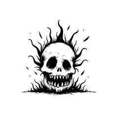 Monochromatic skull engulfed by flames, artistic illustration featuring macabre elements and