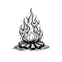 Monochrome bonfire drawing on logs creates a warm feeling for outdoor lovers and adventurers