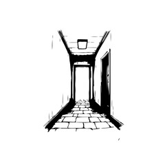 Monochrome hallway perspective art conveying depth and architectural detail with minimalistic