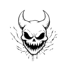 Monochrome illustration of a horned skull with sharp teeth, symbolizing darkness with a gothic