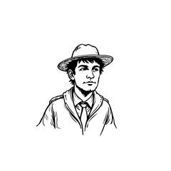 Monochrome portrait depicting a young man with hat and jacket in thoughtful pose rendering a