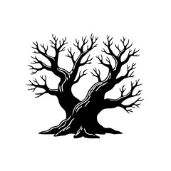 Monochrome silhouette of a unique deciduous tree displaying its complex branching system against