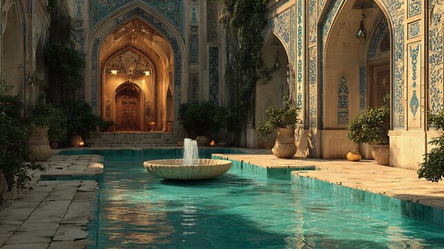 Majestic courtyard with a tranquil pool and elegant architectural design - Powered by Adobe