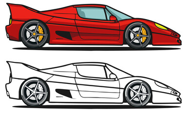 Car line art drawing, Isolated Vector Outline Illustration Black and White with Coloring Sample