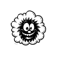 Playful character emitting from a cloud with black spiky hair grinning widely cartoonish depiction
