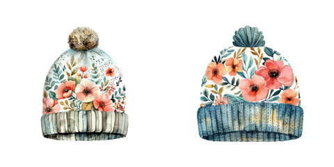 floral beanie hat watercolor vector illustration
