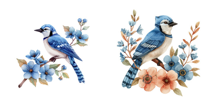floral blue jays watercolor vector illustration