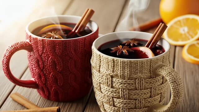 Two knit-textured mugs filled with dark mulled wine, cinnamon sticks, and orange slices