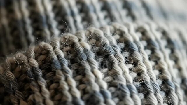 Close-up shows intricate knit pattern in white, grey, and muted blue threads