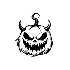 Spooky halloween pumpkin with horns and dark expressive eyes for a holiday-themed design or scary