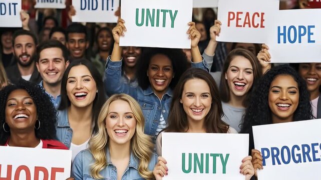 Diverse crowd smiling and holding signs with words like "Unity," "Hope," and "Peace.