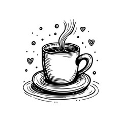 Steaming hot beverage in a mug with heart doodles illustration artistic depiction in black and